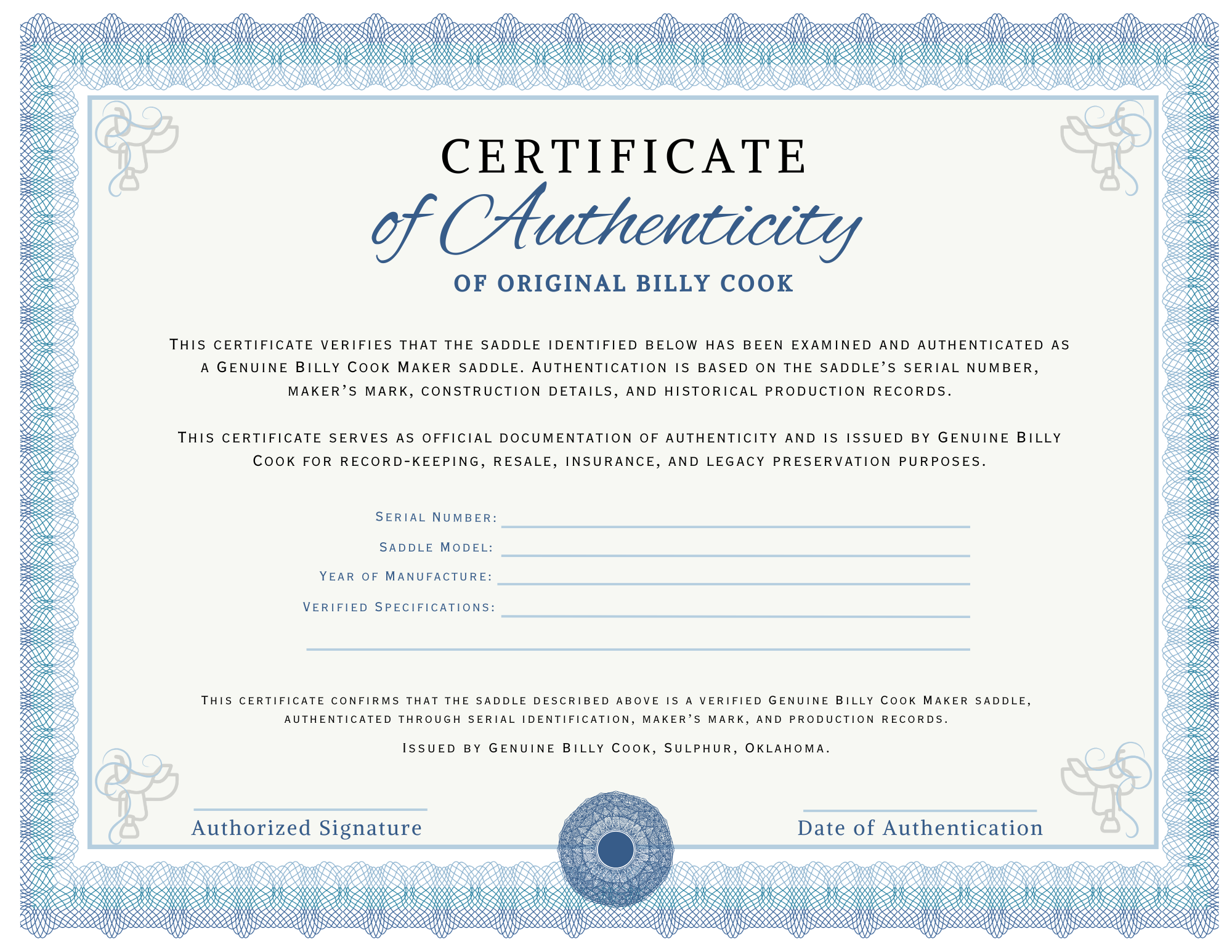 Certificate of Authenticity – Genuine Billy Cook