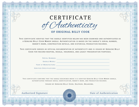 Certificate of Authenticity – Genuine Billy Cook