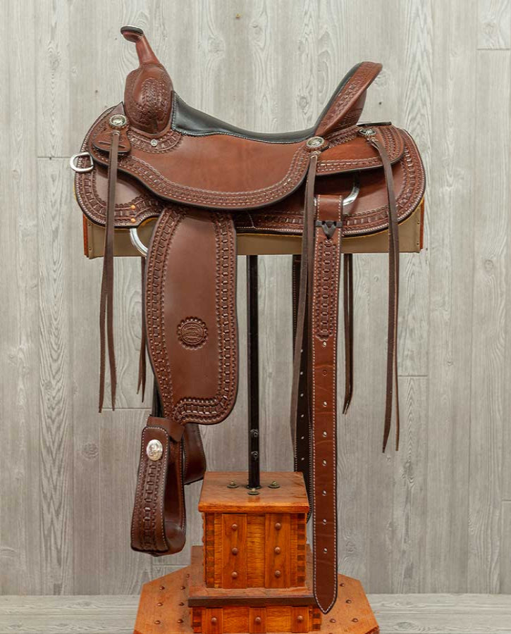 Trail Saddle W/ Strings - Hand Stamped Waffle Border - Genuine Billy Cook 